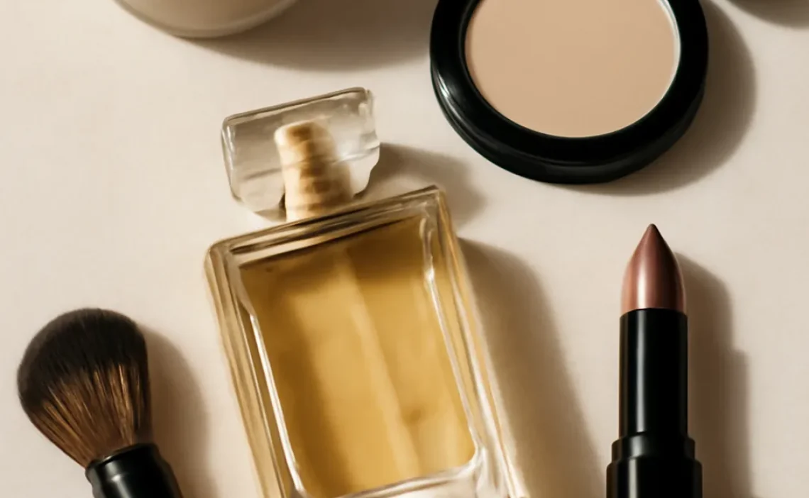 elegant beauty flat lay with luxury perfume bottle,