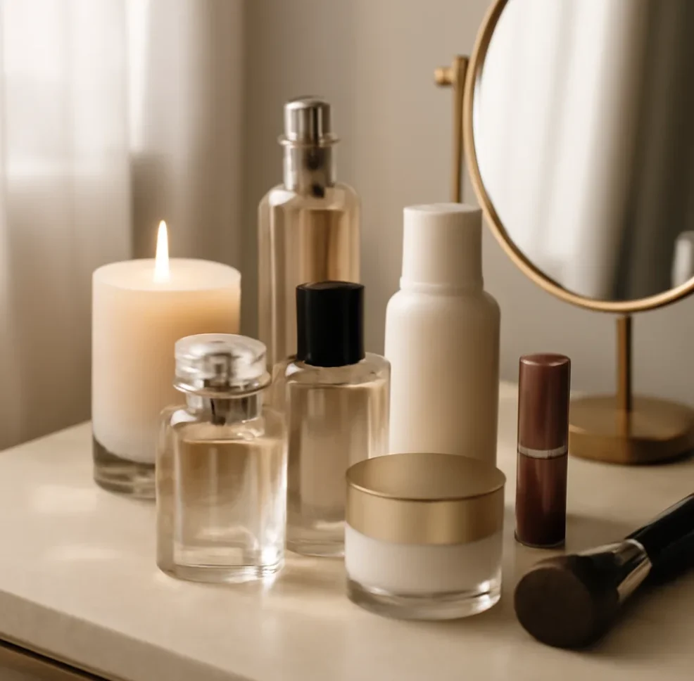 premium beauty and fragrance products arranged elegantly on
